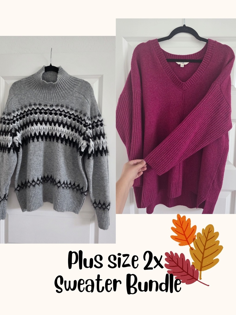 Plus Size 2X Sweater Bundle - Gray Fair Isle Turtleneck & Berry V-Neck